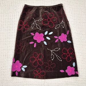 Y2K Brown Velvet Boho Midi Skirt with Floral Patchwork Embroidery b1